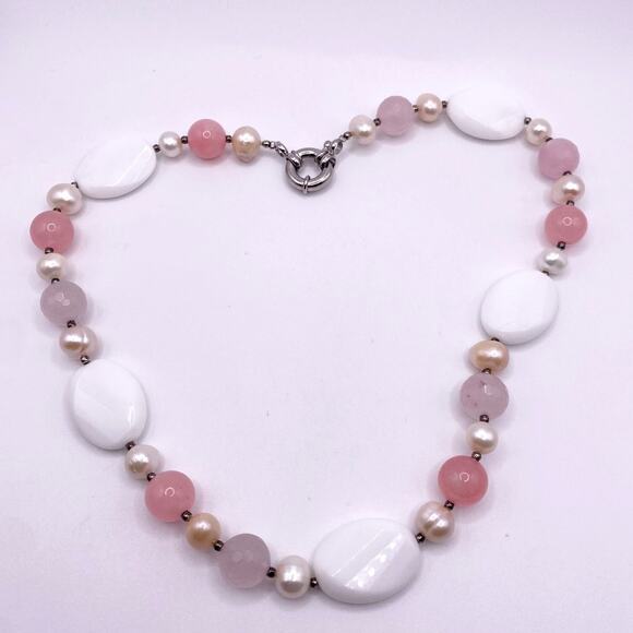 Vintage Handmade Necklace Rose Quartz and White Calcedony 16” - Picture 4 of 5